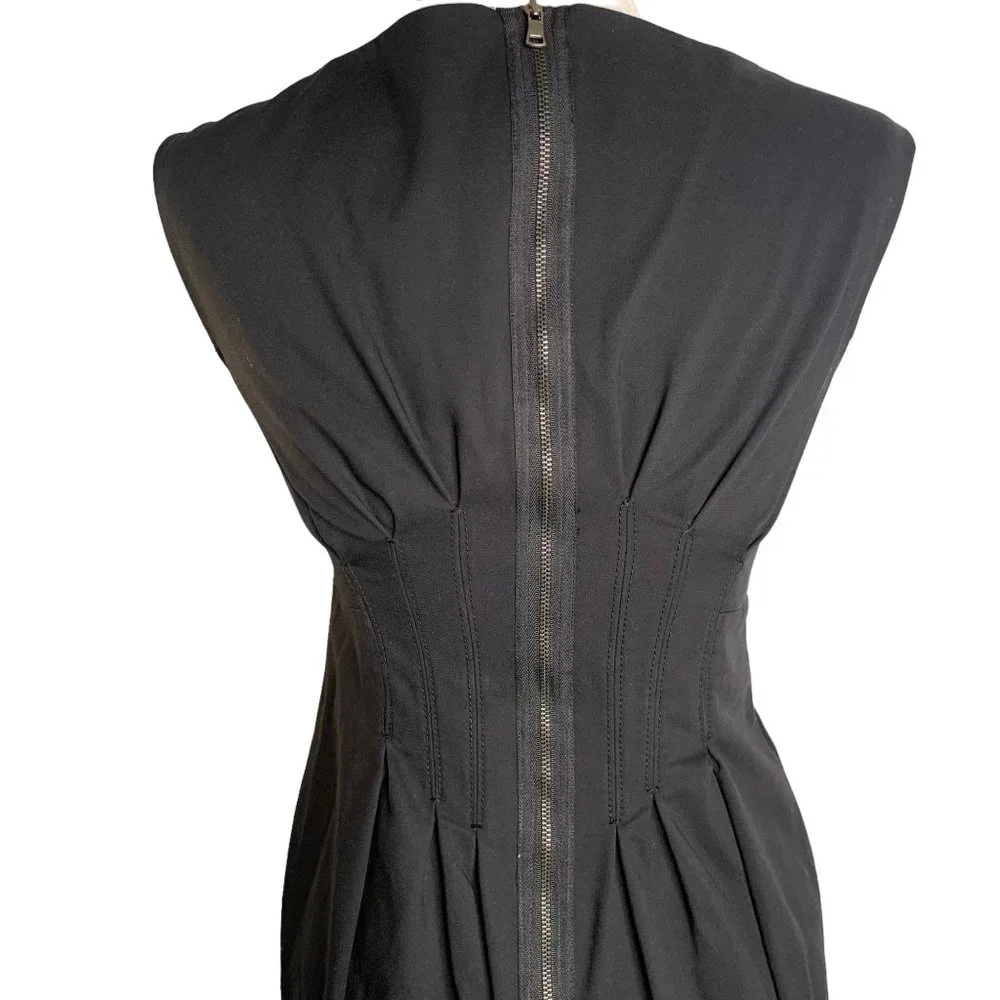 Pleated Waist Sleeveless Sheath Dress S Black Lined Lace Trim Exposed Zipper - Picture 5 of 7